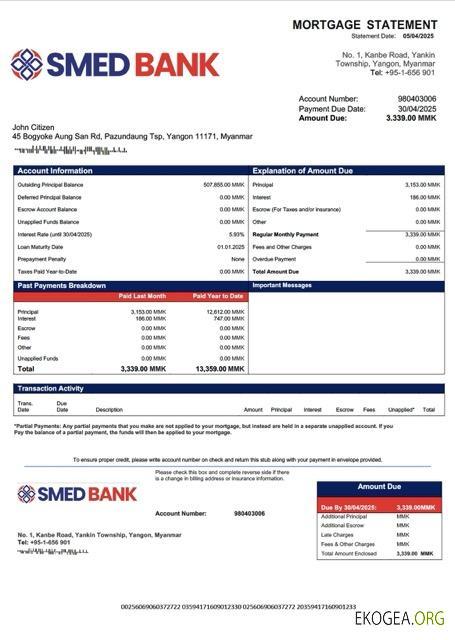 Modèle Word et PDF de relevé hypothécaire de la Banque de développement des PME du Myanmar